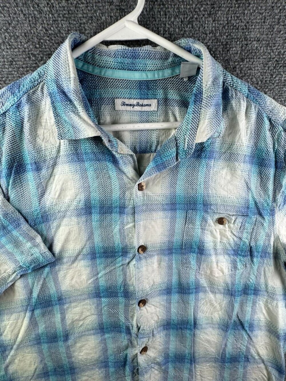 Tommy Bahama Silk Button Up Shirt XL Short Sleeve Hawaiian Adult Blue Check